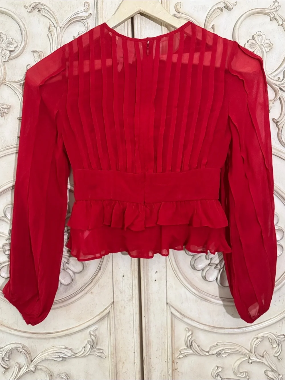 FARM Rio Red Ruffled Sheer Long-Sleeve Peplum Blouse Size Small